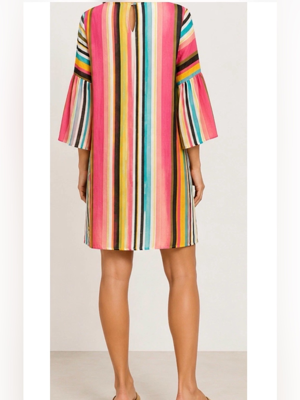 Listicle Womens Medium Multicolor Striped Bell Sleeve Shift Dress Boho Tunic - Picture 2 of 8